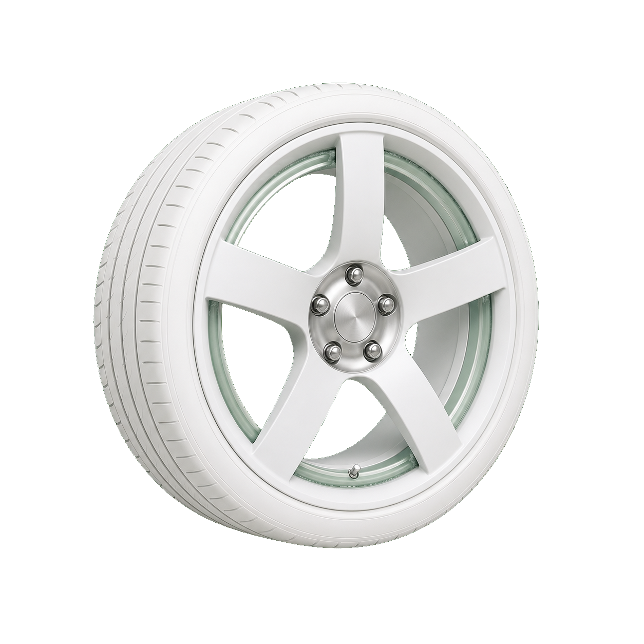 Roda de carro premium com pneu branco, aro técnico e acabamento MN